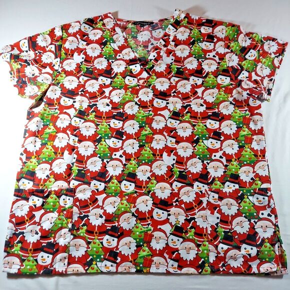 Cassandra O Women’s Christmas Scrub Top Size 2X Santa, Snowman, Tree - Picture 1 of 7